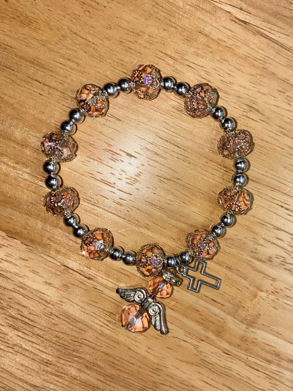 Pink Crystal Angel Cross Charm Stretch Bracelet with Cross Accent Handmade
